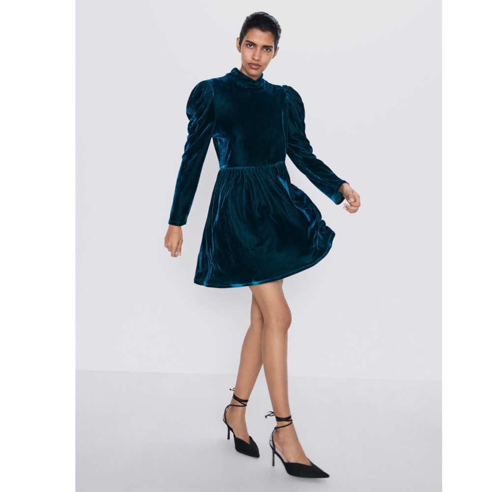 Zara Duck Green Velvet Dress - NWT
